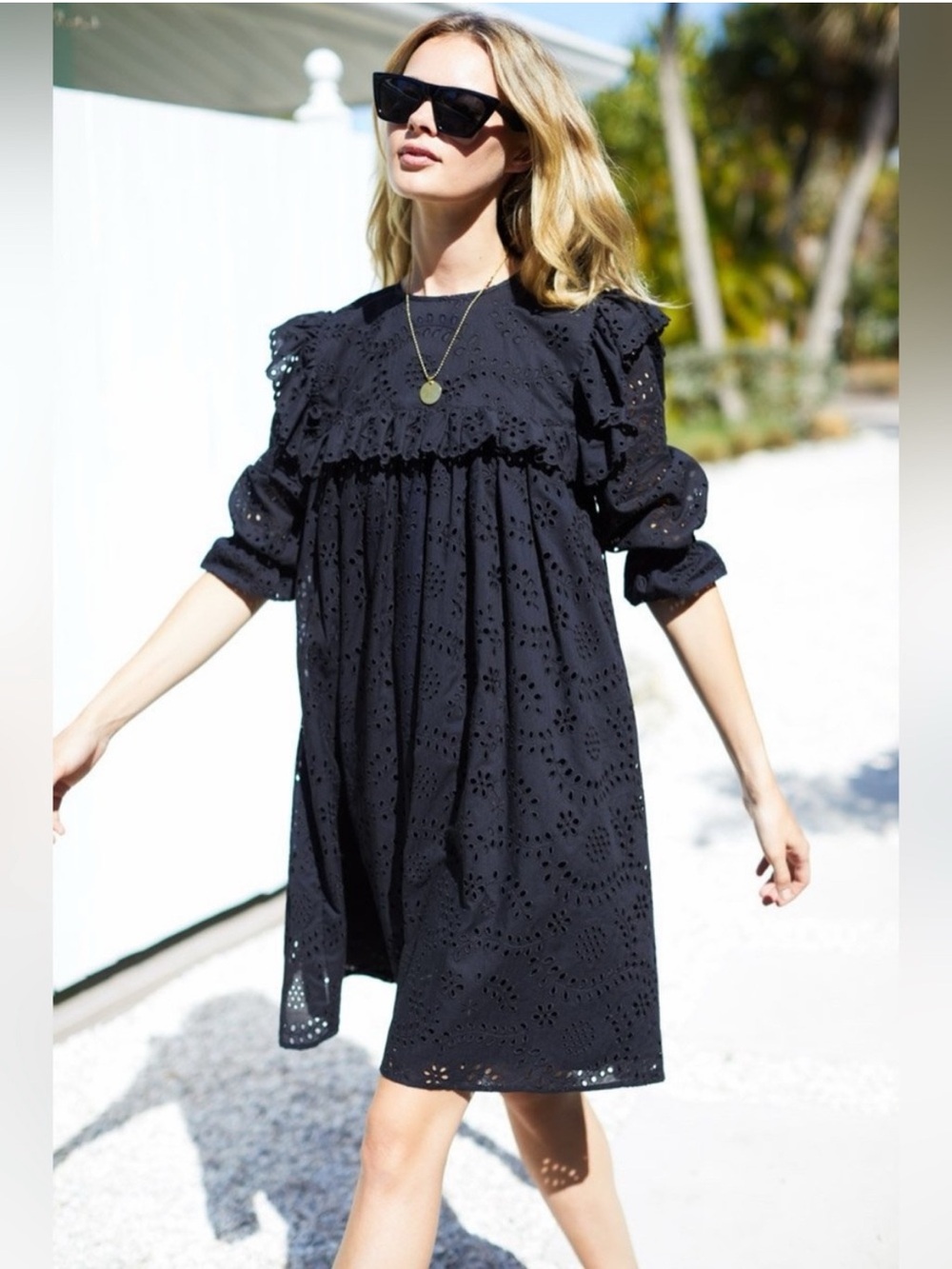 Emerson Fry Elsa Dress Black Eyelet Ruffle Mini Babydoll- Size S